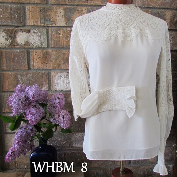 LACE BLOUSE, 8, CREAM OFF-WHITE IVORY by WHITE HOUSE BLACK MARKET, LONG SLEEVES - Picture 3 of 8